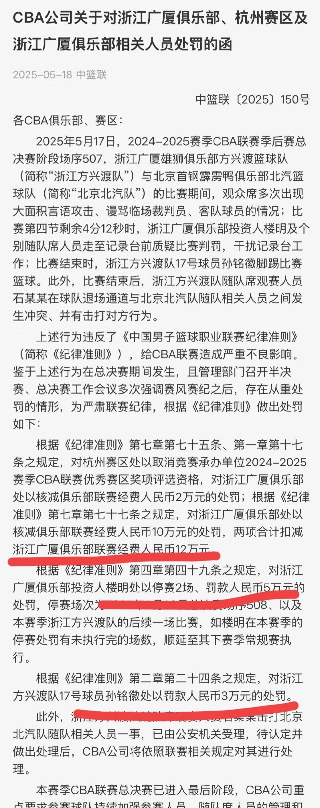 关于CBA公司对浙江广厦俱乐部罚款12万元的信息